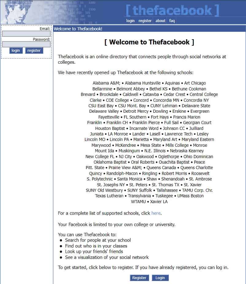 Facebook eski hali - 2004 yılı